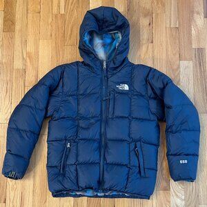 North Face Boy's Navy Blue Reversible Hooded Down Jacket Size L (12)